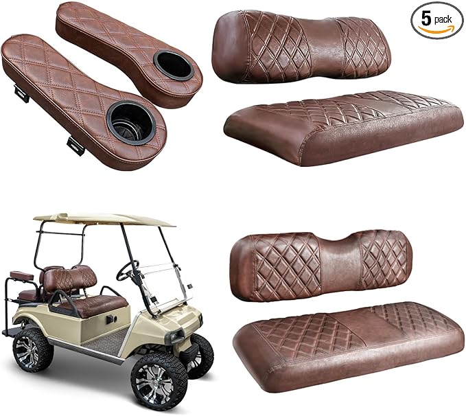 NOKINS Golf Cart Seat Covers for Club Car DS 2000.5-Up, Vinyl Front&Rear Seat Cover with Flip-Up Armrests kit, with Cup Holder, for 1" Square Tube (Brown&Brown 8438)