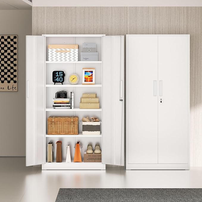 Incbruce 72” Metal Storage Cabinet, Locking Tall Steel Storage Cabinet with 2 Doors and 4 Adjustable Shelves for Garage, Home, Office (White)