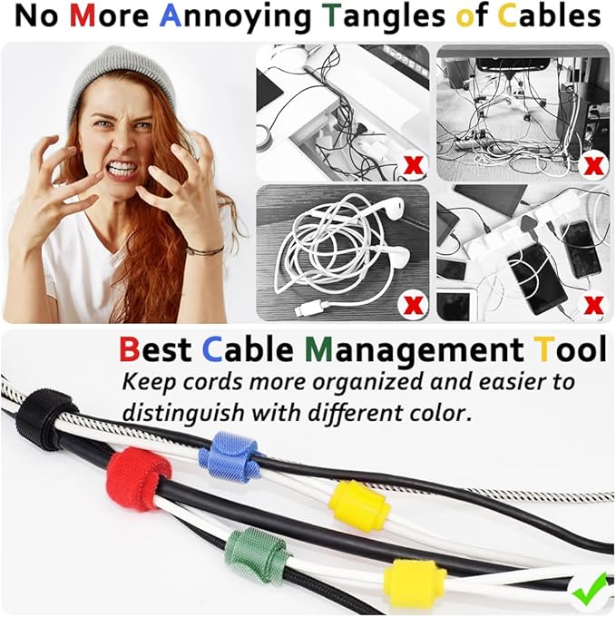 100pcs Cable Ties Reusable Rainbow Color Wire Ties Cable Management Cord Ties Reusable for Electronics Hook and Loop Cable Ties for Computer 6 Inch with 5 Colors