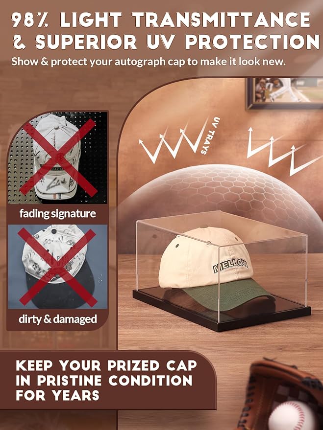 JupDec Hat Display Case, Clear Acrylic Baseball Cap Display Box Stand, UV Protection Signed Hat Transparent Showcase with Solid Wood Base Risers & Hat Shaper, Ideal Gift for Caps Collector, Black