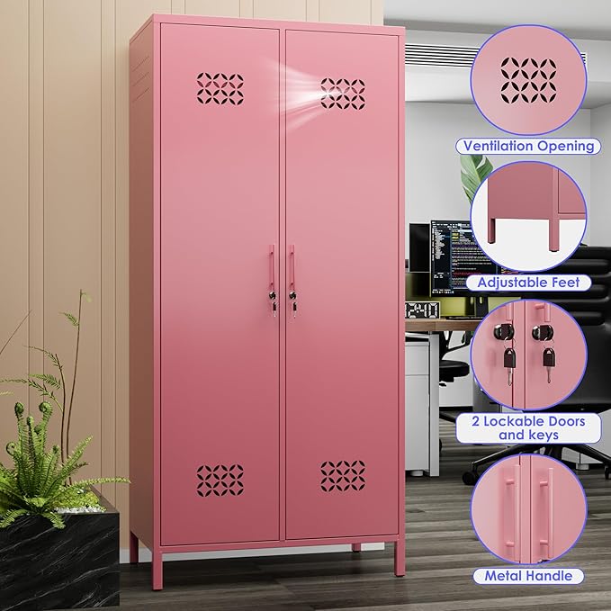 METAN 2 Door Metal Storage Lockers for Employees, Lockable Steel Storage Lockers with Hanger and Adjustable Shelves,Assembly Required,Pink