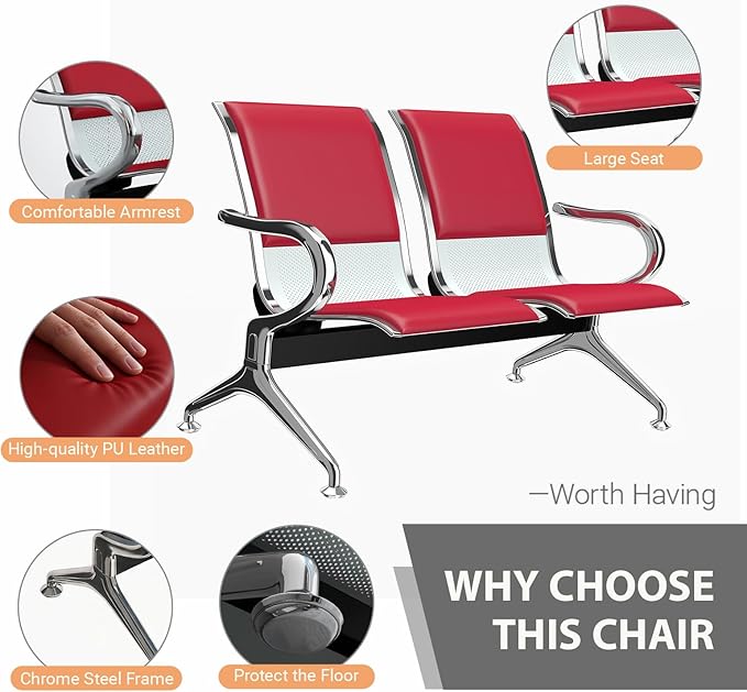 Kinfant 2-Seat PU Leather Waiting Room Bench – Red Reception Chair for Office, Hospital, Bank, Salon, Airport
