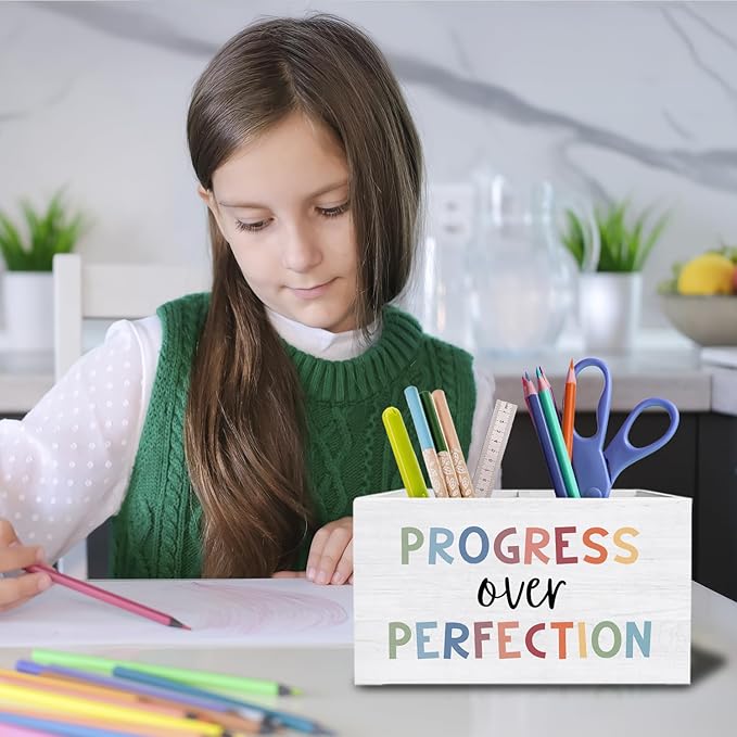 Boho Inspirational Classroom Decor, Motivational Pen Pencil Holder for Desk, Progress Over Perfection Affirmation Wooden Box Sign Desk Decor for Classroom Kids Room Decoration