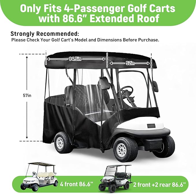 Golf Cart Enclosure 4 Passenger for 86-88" Roof, 600D Waterproof Driving Rain Cover, Replace for Yamaha/Club Car/EZGO, Roll-Up Door, 4-Sided Clear PVC Windows, Tail Light Visible