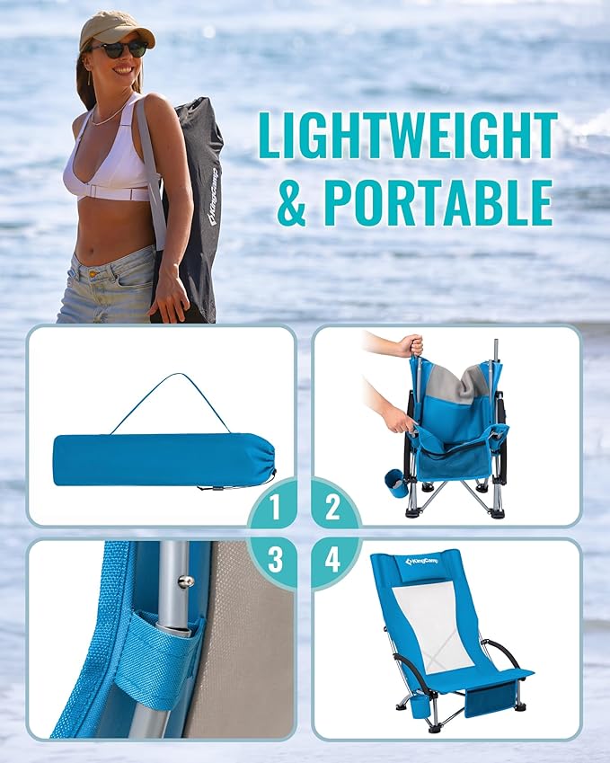 KingCamp Low Beach Chairs, Folding Portable Chair for Adults Lightweight Extra Wide Seat 300lbs Heavy Duty Oversized Backpack, Carry Bag for Camping
