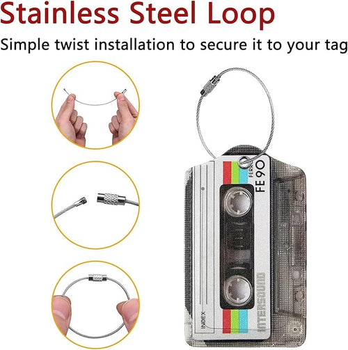 2 Pack Luggage Tags for Suitcase, Privacy Cover ID Label with Stainless Steel and Address Card for Travel Bag Backpack Cruise Ship Essentials Tag Women Men - Retro Cassette Tape