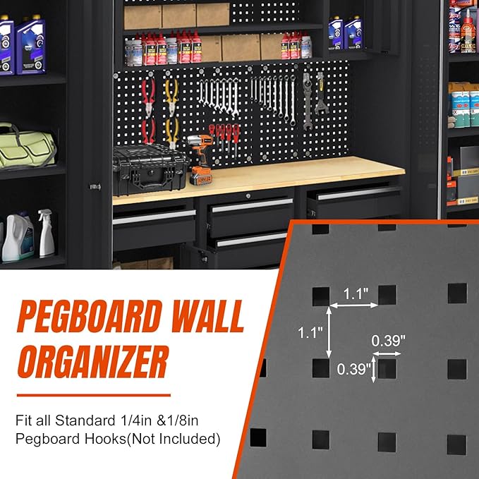 Garage Storage Cabinet System - 9-Pc Steel Workshop Set w/Workbench Includes Cabinet Drawers & Pegboard | Gray Tool Organization System for Garage/Workshop