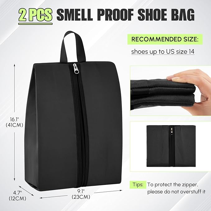 2 Pack Smell Proof Shoe Cleat Bag for Travel Water-resistant Odor Absorbing Lightweight Golf Soccer Shoe Storage Organizer Pouch with Zipper Dust-proof for Gym Sports Work (Black, Light Grey)