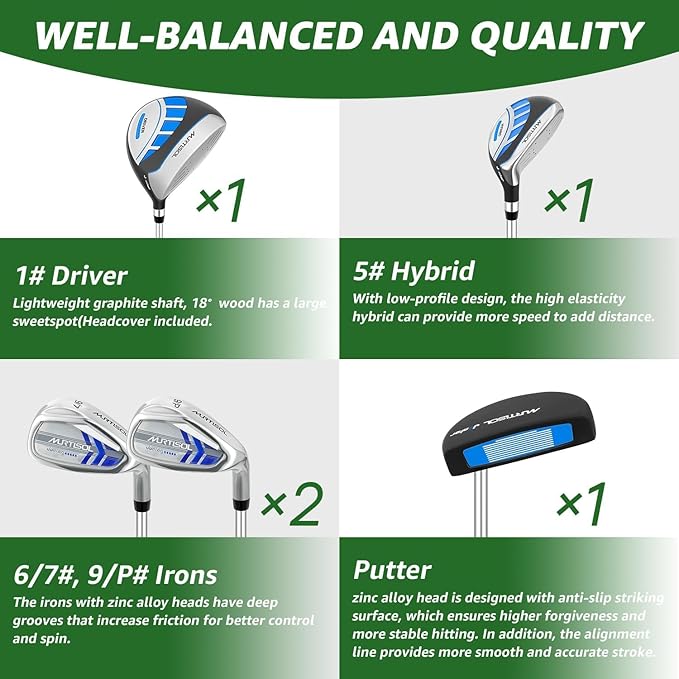 5/6 Pieces Kids Golf Club Set, Junior Golf Club Set Ages 4-12 Includes Stand Bag, 1# Drive, 5# Hybrid, 6/7#, 9/P# Irons and Putter Right Hand for Boys Girls