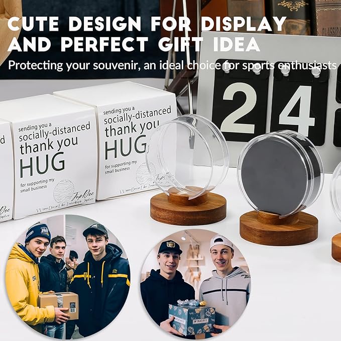 JupDec Hockey Puck Display Case Acrylic Clear Holder with Wood Base, Autograph Souvenir Display Stand, Perfect Showcase for Your Collection, Brown, 2 Pack