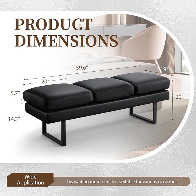 Furniwell Waiting Room Bench with 3 Seats,Faux Leather Reception Bench Upholstered Office Guest Chair Seating,Waiting Room Chair for Salon,Conference Room and Shop (Black)