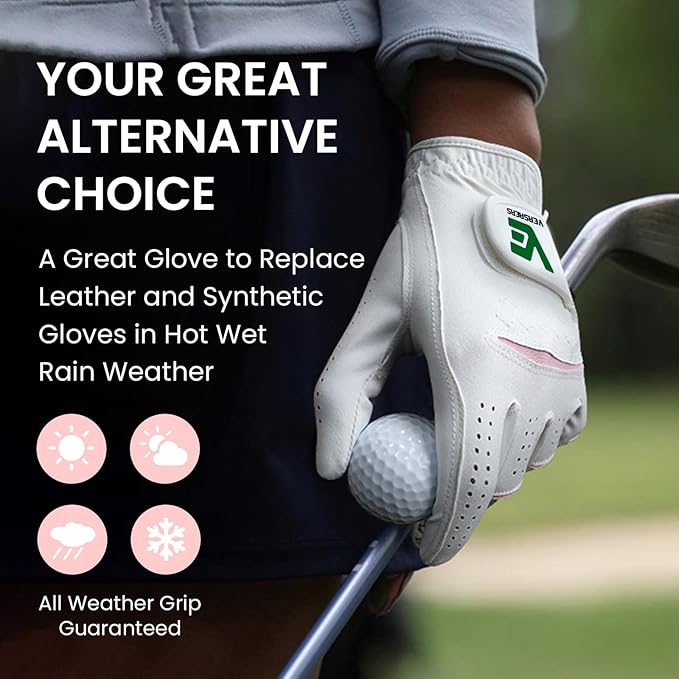 Premium All Weather Grip Golf Gloves Women's 2 Pack, Soft Comfortable & Rain Grip Hot Wet Left Hand for Right Handed Golfer, Breathable No Sweat Fit Size Small Medium Large