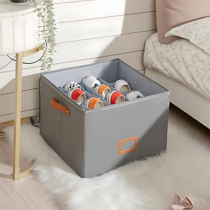 Atlodas Fabric Shoe Organizer Storage Box, 2 Pack Foldable Shoe Storage Organizer Box Bin with Adjustable Dividers and Clear Cover, Fits up to 8-16 Pairs (Gray, 2Pcs)