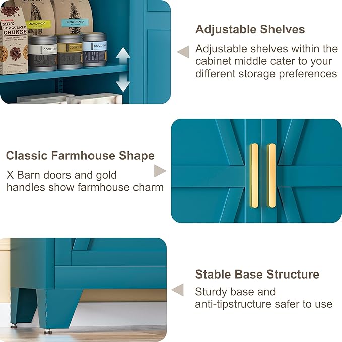 61H Metal Storage Cabinet with 2 Doors and Adjustable Shelves,Farmhouse Storage Cabinet with Barn Doors,Pantry Storage for Home,Office,Bathroom,Dining Room,Kitchen(Blue)