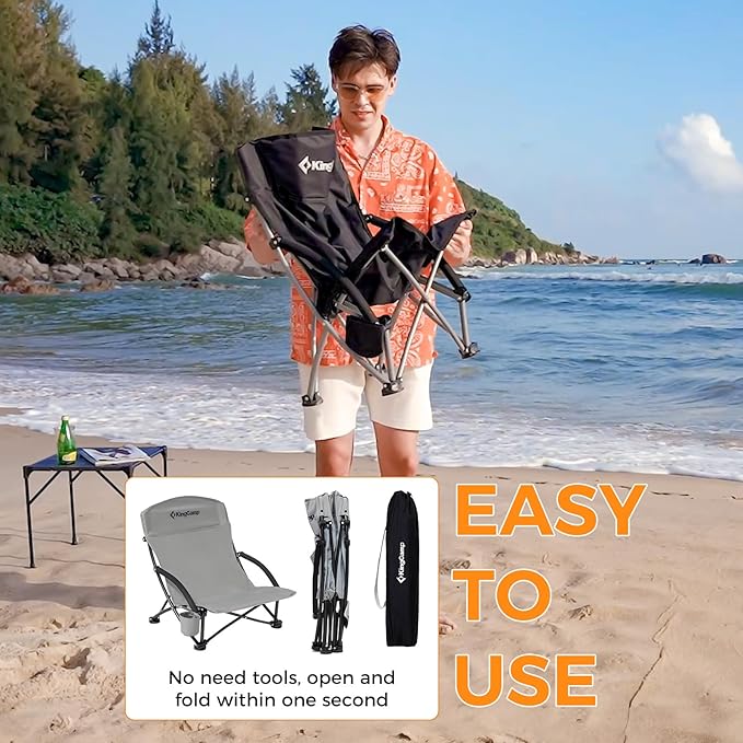 KingCamp Low Beach Chairs, Folding Portable Chair for Adults Lightweight Extra Wide Seat 300lbs Heavy Duty Oversized Backpack, Carry Bag for Camping