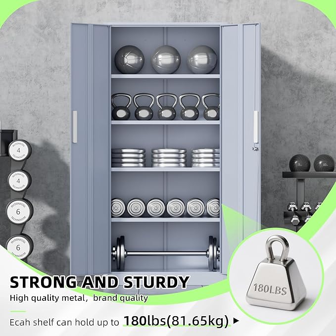 SUNCROWN 72" Metal Storage Cabinet - Heavy-Duty Metal Garage Cabinet with 4 Adjustable Shelves & 2 Doors for Tools, Office, Home, Workshop,Cement Grey-Small
