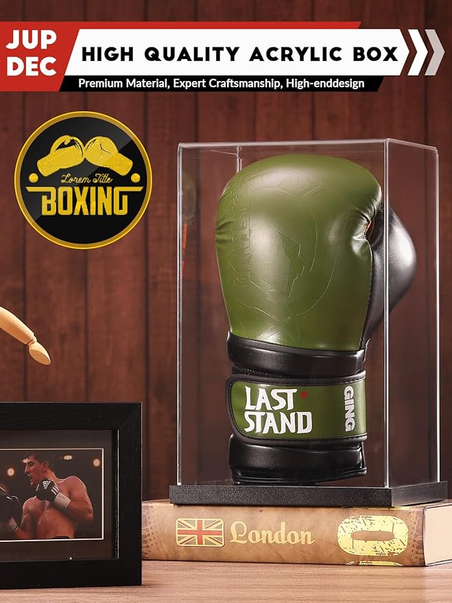 JupDec Boxing Glove Display Case, Clear Acrylic Showcase with Wood Base & Plank for Single Glove, Full Size UV Protection Souvenirs and Collectibles Box, Ideal Gift for Boxing Fans, Black