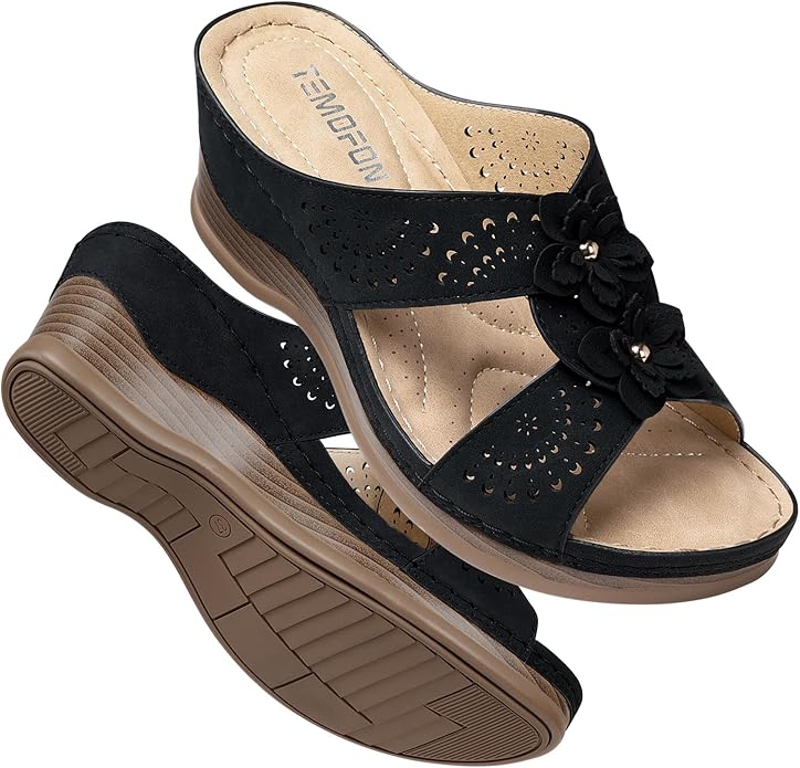 TEMOFON Womens Wedge Sandals Leather: Dressy Sandal, Rubber Sole, Comfortable Walking, Casual Slip on Summer Shoes, Size 5-11
