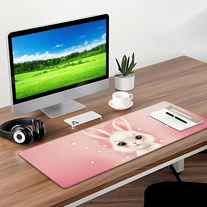 Bunny Rabbit Gaming Mouse Pad, Desk Mat, Non-Slip Rubber Base Cool Aesthetic MousePads for Computer Laptop Keyboard Office School Home Desktop Accessories Decor 31.5" x 11.8"