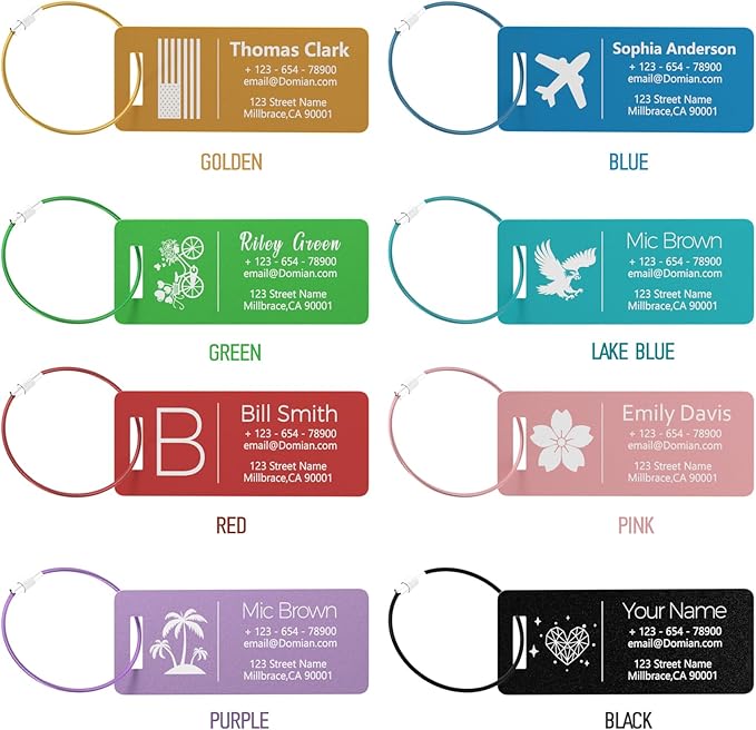 10 Personalized Metal Luggage Tags, Custom Suitcase Aluminum Name Tags with Steel Ring, Laser Engraved Name and Logo, for Travel, Backpack, Baggage, Golf Bag (Lake Blue)