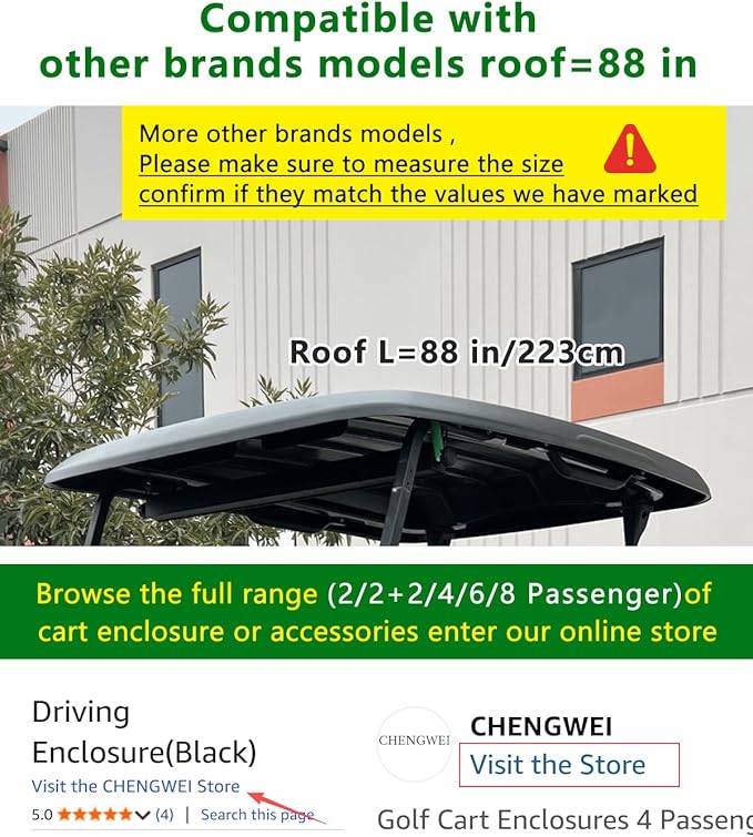 Golf Cart Enclosure 4 Passenger Extended Roof 88 inch for Club Car Tempo Onward,600D Clear Rain Cover Driving Enclosures,Full Roll Up 4 Sided Transparent Windows&Door Side Mirrors Openings