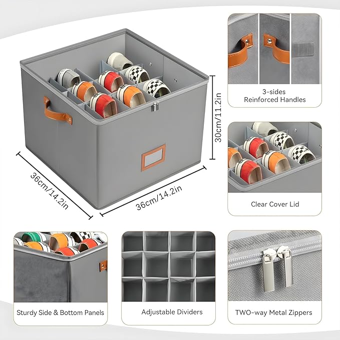 Atlodas Fabric Shoe Organizer Storage Box, 2 Pack Foldable Shoe Storage Organizer Box Bin with Adjustable Dividers and Clear Cover, Fits up to 8-16 Pairs (White, 2Pcs)