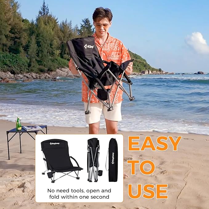 KingCamp Low Beach Chairs, Folding Portable Chair for Adults Lightweight Extra Wide Seat 300lbs Heavy Duty Oversized Backpack, Carry Bag for Camping