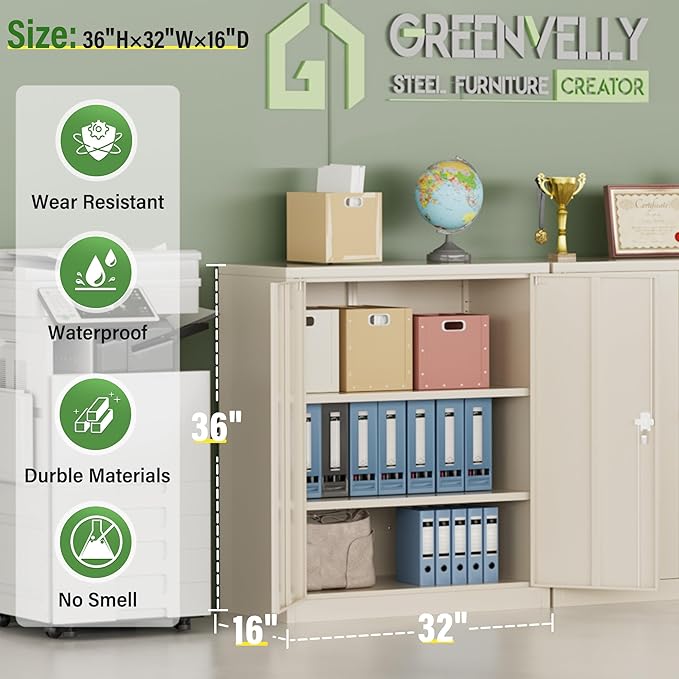 Greenvelly Metal Storage Cabinet with Doors and Shelves,Lockable Storage Cabinet for Office,36”Gray Metal Utility Cabinet Garage Cabinets, Lockable File Cabinet for Home Office, Garage, Kitchen, Shop