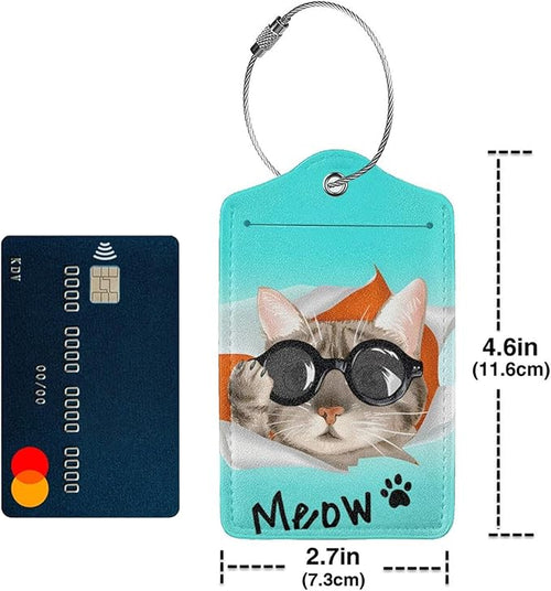2 Pack Cute Cat Luggage Tags for Kids Girls Women Travel Funny Animal with Sunglasses Print on PU Leather Bag Tags Accessories Privacy Cover ID Label with Stainless Steel Loop for Backpack Suitcase