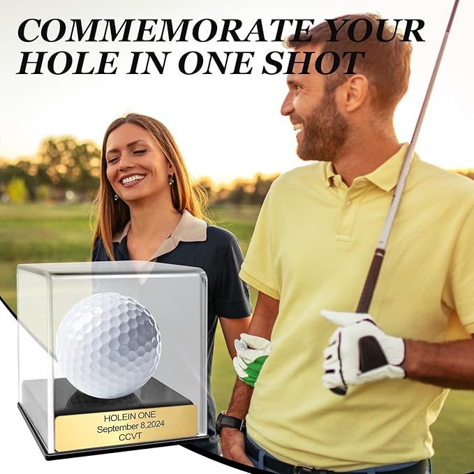 Custom Golf Hole-in-One Display Case, Acrylic Golf Ball Display Case, Custom Engraved Plaque, Commemorate Your Hole in One Shot (Black)