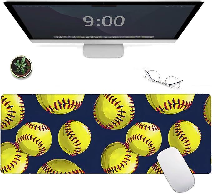 Softball Large Gaming Mouse Pad,Yellow Ball Desk Mat,31.5x11.8x0.12in Extended Non-Slip Rubber Sport Mousepad,Computer Deskmat Gifts,Laptop Mice Pads Decor for Home Office