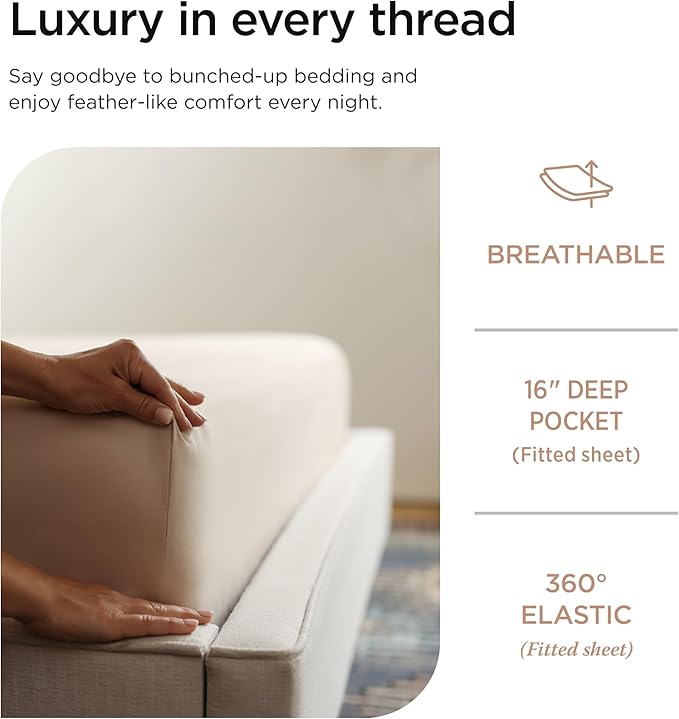 Threadmill Luxury 800 Thread Count 100% Cotton Sheets - Sateen Weave Twin XL Bed-Sheets, Better Than Egyptian Cotton,3 Pc Solid Soft Bedding Set (Light Beige), Fits 15" Deep Pocket