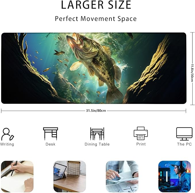 Fishing Gaming Mouse Pad Gifts 31.5" x 11.8", Non-Slip Rubber Base MousePads for Computers Laptop School Office Home Accessories Decor, Mouse Pad, Keyboard Desk Mat