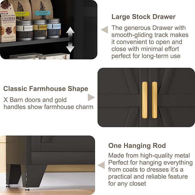 71H Tall Metal Storage Cabinet with 2 Doors and Adjustable Shelves,Farmhouse Storage Cabinet with Barn Doors,Pantry Storage for Home,Office,Bathroom,Dining Room,Kitchen(Black)