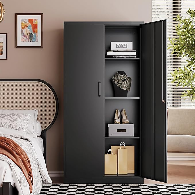Letaya Metal Black Storage Cabinet with Adjustable Shelves and Lock Door-Metal Pantry Cabinets for Home,Office,Warehouse,Utility Room