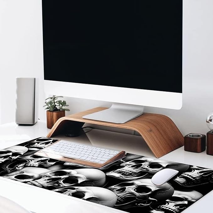 Horror Skull Large Gaming Desk Mat,Rubber Non-Slip White and Black Skulls Mouse Pad,31.5x11.8x0.12in Extended Goth Mousepad,Game Lover Mice Pads Gifts,Office Home Deskmat Decor