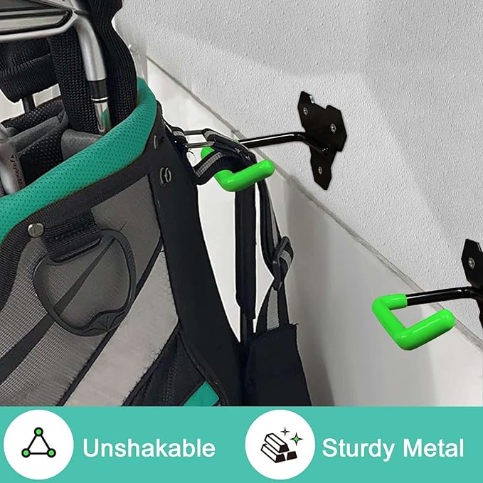 Wall Mounted Golf Bag Hook, 2 Bags Storage Racks Perfect for Garage Organization, Space Saving Hanging Organizer (Black)