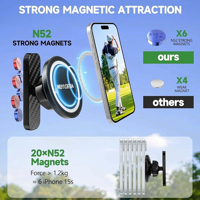 Magnetic Golf Cart Phone Holder Mount, N52 Super Strong Magnet - 360° Rotation Metal Golf Accessories, Compatible with MagSafe iPhone 17 16 15 14 13 12 & All Phones(Black)