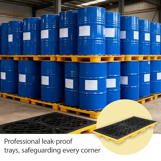 2 Drum Modular Platform Spill Containment Trays with Drain Outlet Forklift Pockets 48x24x4 Heavy Duty 2000lbs Capacity Stackable Leakproof Containment Tray for Garage, Workshop, Industrial Storage