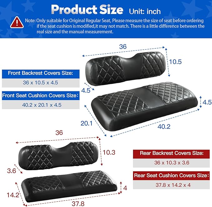 NOKINS 4PCS Golf Cart Diamond Seat Covers Kit, Front&Rear Seat Covers Fits EZGO TXT 1994-2013/EZGO RXV Standard Seat Cushion, EZGO Vinyl Seat Cover Accessories, No Staples(Black&Black Stitch)