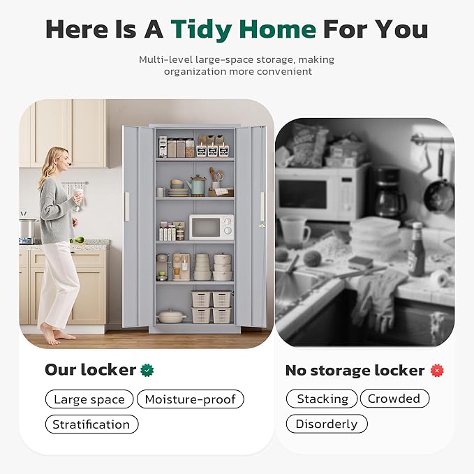 Greenvelly 63" H Metal Storage Cabinet Dark Grey, Locking Metal Cabinet, Store Tools, Clothes, Tableware and Toiletries, Garage Cabinets with Adjustable Shelves for Office, Home, Garage, Pantry