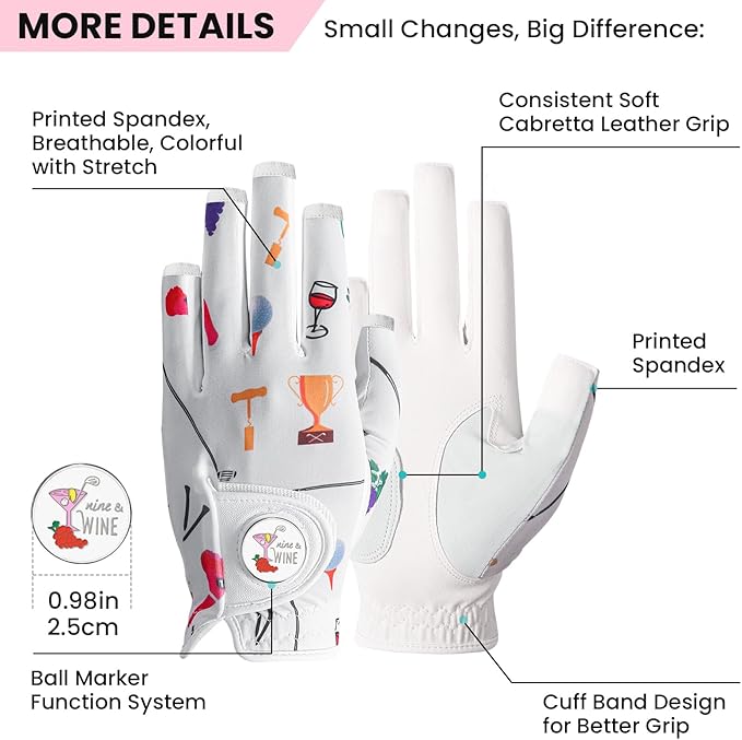 Golf Gloves Women with Ball Marker 2 Pack, Right Handed Golfer Left Hand, Ladies Breathable Soft All Weather Grip Glove Fit Size Small Medium Large XL