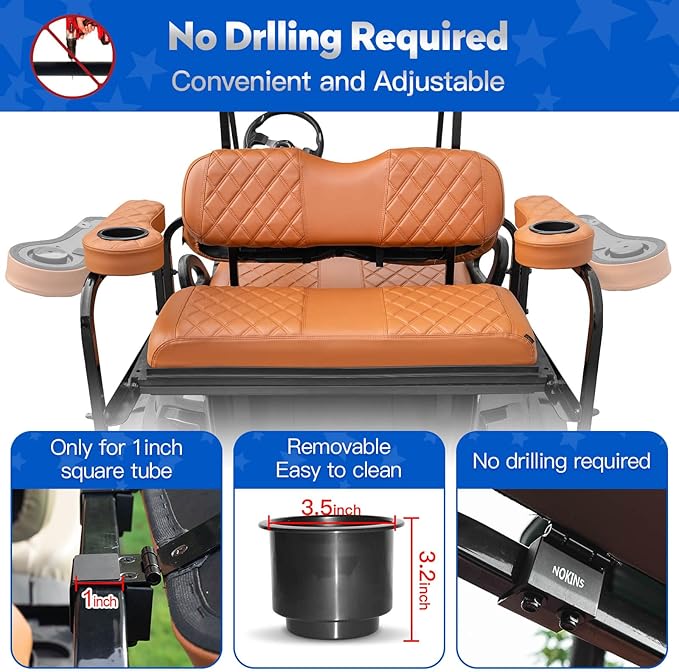 NOKINS Golf Cart Seat Covers for YAMAHA/G29/Drive2, Vinyl Front&Rear Seat Cover with Flip-Up Armrests kit, with Cup Holder, for 1" Square Tube (All Brown)