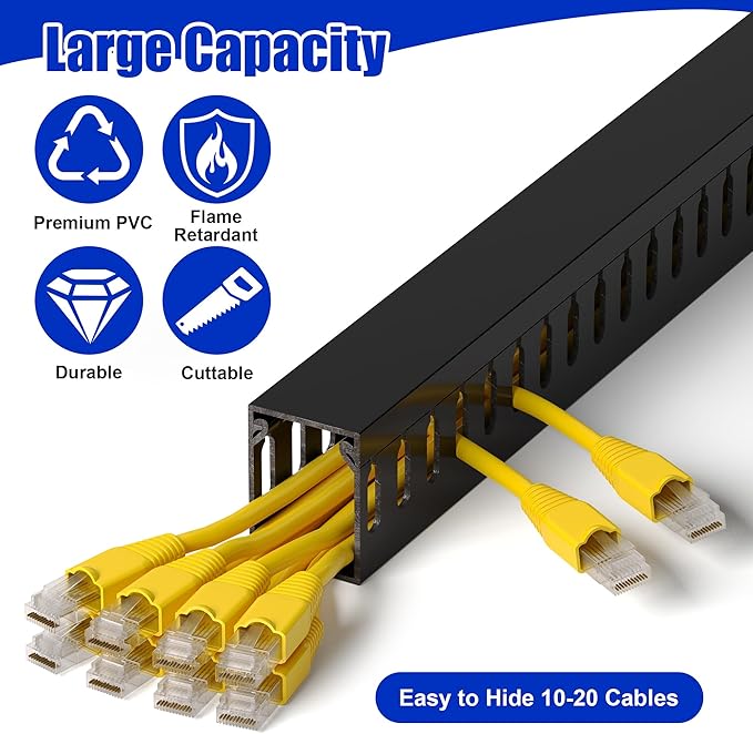 ZhiYo H1.6xW1.2in Cable Raceway, 13.2ft (4xL3.3ft) Server Rack Cable Management Under Desk Cord Organizer, Electrical Safe PVC Cable Channel Open Slot Wire Raceway for Network/PC/TVs, Wire Duct Black