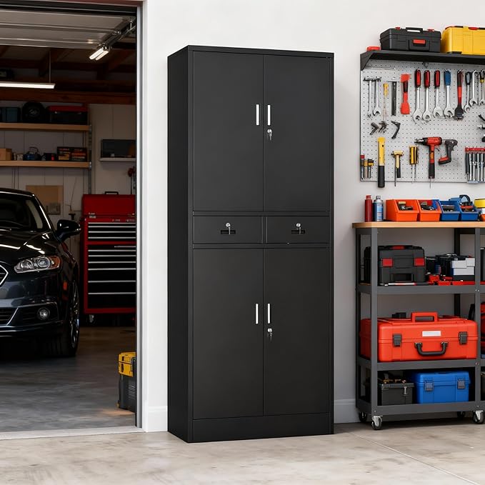 BESFUR 71“H Metal Storage Cabinet with 2 Lockable Drawers and 2 Lockable Doors, Garage Cabinet with 2 Adjustable Shelves, Locking Cabinet for Garage, Office, Classroom - Black