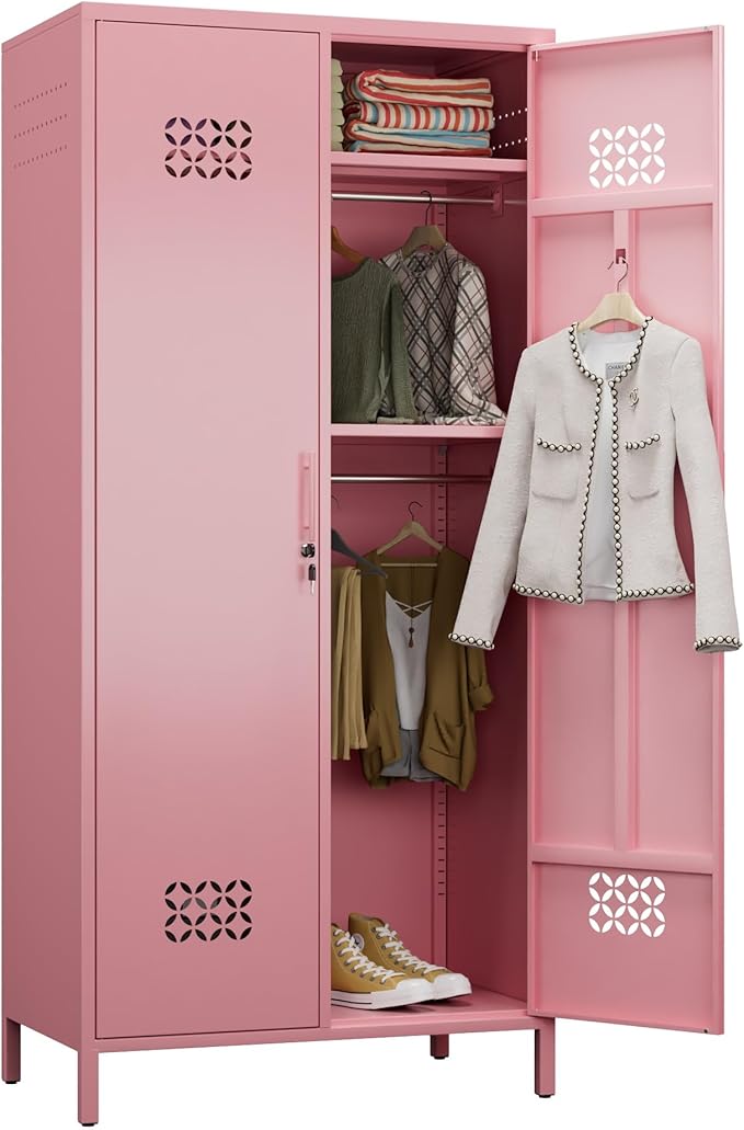 METAN 2 Door Metal Storage Lockers for Employees, Lockable Steel Storage Lockers with Hanger and Adjustable Shelves,Assembly Required,Pink