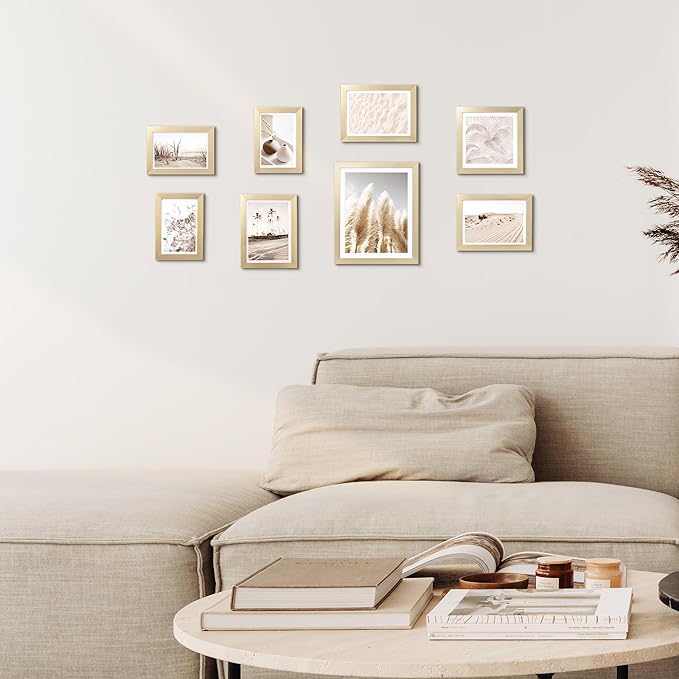 ArtbyHannah Gallery Wall Frame Set, 8 Pack Picture Frames Collage Wall Art Decor with Neutral Pampas Grass for Bedroom, Assorted Size Including 8"x10", 5"x7", 4"x6", 6"x6"(Gold Frame,Small)