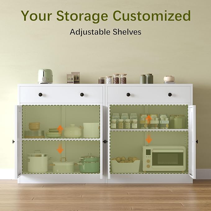 BESFUR Buffet Metal Cabinet with Storage 32”,White Sideboard Farmhouse Storage Cabinet with Adjustable Shelves, 2 Drawer and 4 Doors for Entryway Living Room, Bathroom, Kitchen,Home Office,Apartment