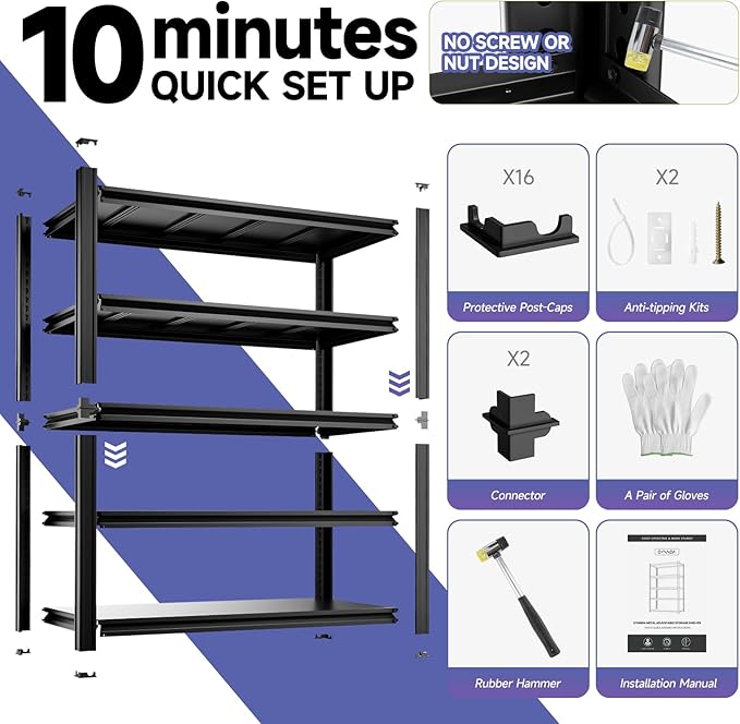 5-Tier 40”D X 20”W X 72”H Heavy Duty Garage Storage Shelves 2500LBS Basement Shelving Heavy Duty Adjustable Unit Rack Metal Rack(Black)
