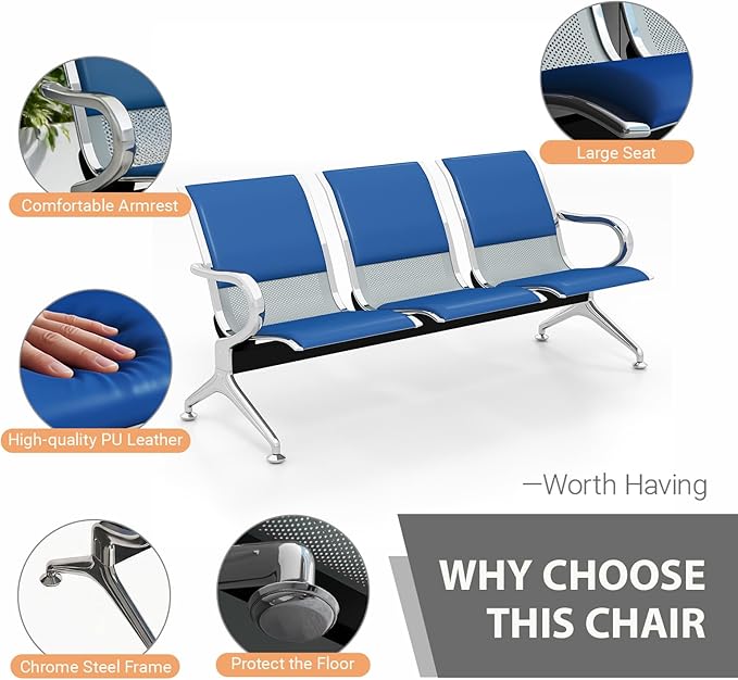 Kinfant Blue 12-Seat Waiting Room Chairs with Arms – Heavy-Duty Steel Frame PU Leather Back & Cushioned Seat, Ergonomic Office Reception Guest Chair for Lobby, Clinic, Airport